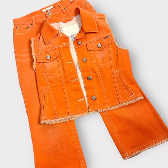 Vintage Y2K Escada Sport Two Piece Neon, orange, pant, vest, denim, set - Picture 3 of 9